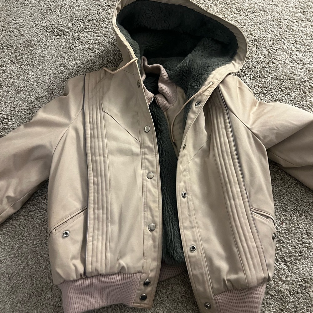 Mood Moon Faux Fur Lined Hooded Bomber Jacket Beige Women’s Medium